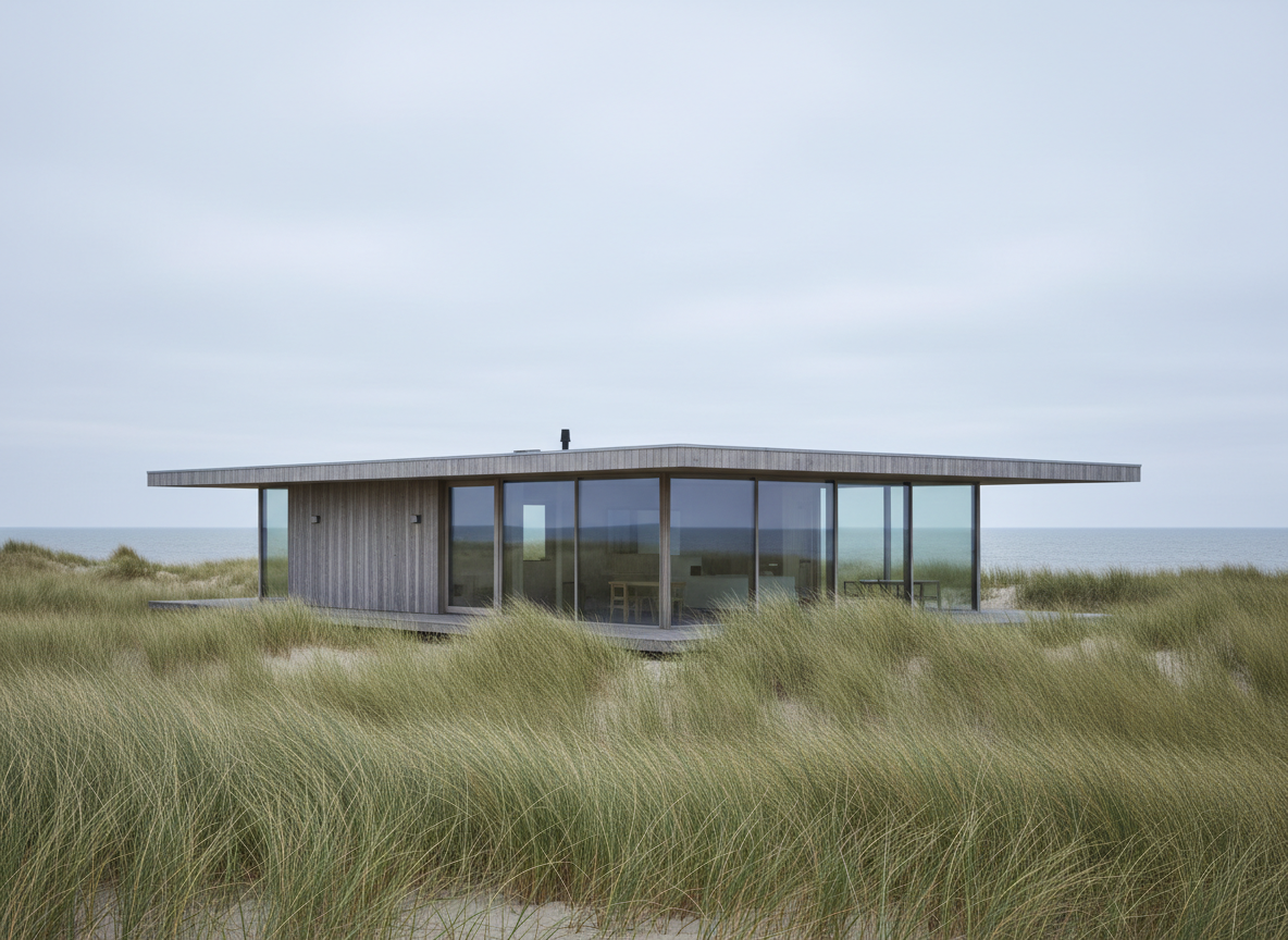 Haus am Kliff, Sylt — flaches Holzhaus hinter der Dünenkante