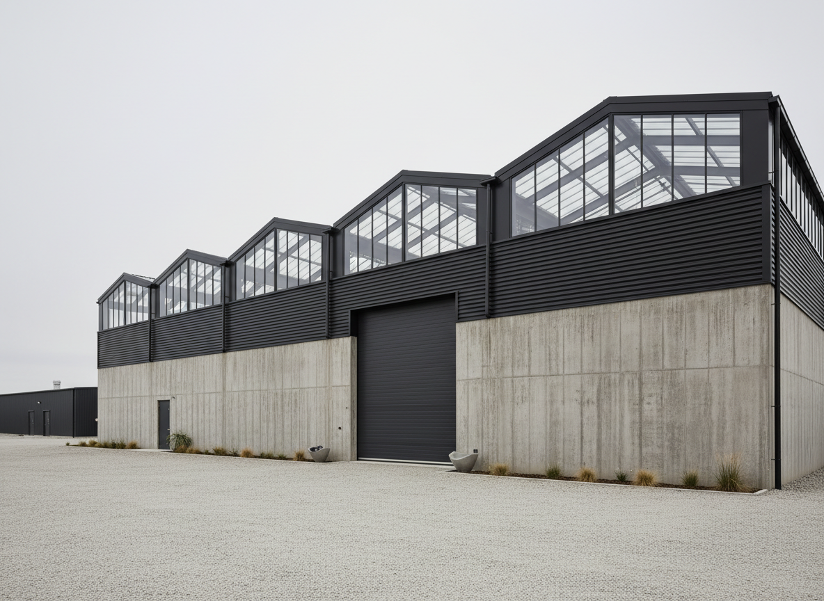 Werkhalle Nord, Rostock — schwarze Halle mit Sheddach